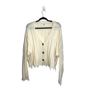 Double Zero Cream Thick Knit Ribbed Fray Hem Cardigan Sweater Medium Women’s
